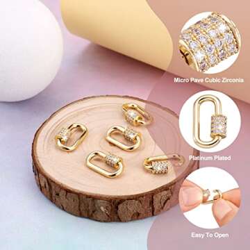 FASHEWELRY 5Pcs Brass Cubic Zirconia Screw Carabiner Lock Charms Oval Necklace Link Connector Charms Real 18K Gold Plated for DIY Jewelry Making