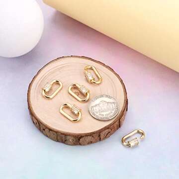 FASHEWELRY 5Pcs Brass Cubic Zirconia Screw Carabiner Lock Charms Oval Necklace Link Connector Charms Real 18K Gold Plated for DIY Jewelry Making