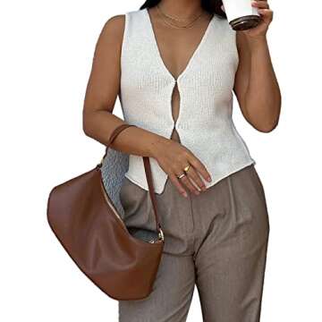 Mieeyali Womens Vintage Knittd Tank Y2k Vest Crop Top Sleeveless V-Neck Open Front Button Crochet Knit Vests Versatile Tops(A-White,S