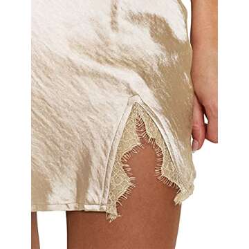LYANER Women's Satin Lace Trim Split Slit Hem Zipper High Wasit Mini Short Skirt Beige Small