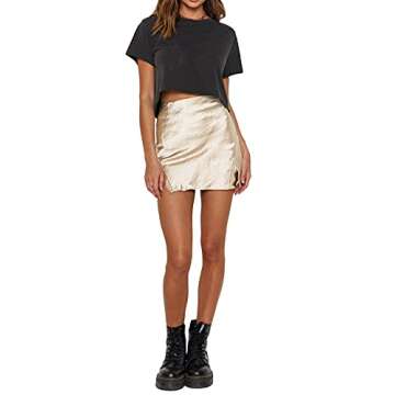 LYANER Women's Satin Lace Trim Split Slit Hem Zipper High Wasit Mini Short Skirt Beige Small