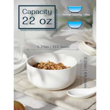DOWAN 22 OZ Ceramic Cereal Bowls - 5.25" White Soup Bowls Set of 6 for Kitchen, Small Bowls for Cere...