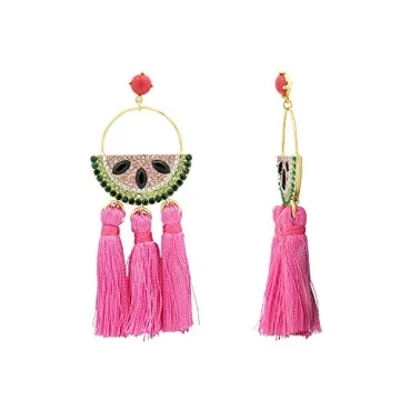 14K Gold Watermelon Tassel Drop Earrings for Summer