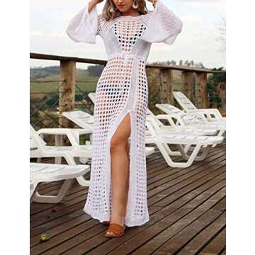 FINCATI Crochet Long Kimonos for Women Hollow Out Sexy Bikini Sexy Dresses Long Flare Sleeve for Summer White (9991)