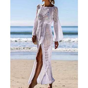 FINCATI Crochet Long Kimonos for Women Hollow Out Sexy Bikini Sexy Dresses Long Flare Sleeve for Summer White (9991)