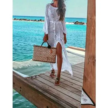 FINCATI Crochet Long Kimonos for Women Hollow Out Sexy Bikini Sexy Dresses Long Flare Sleeve for Summer White (9991)