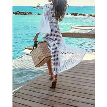 FINCATI Crochet Long Kimonos for Women Hollow Out Sexy Bikini Sexy Dresses Long Flare Sleeve for Summer White (9991)