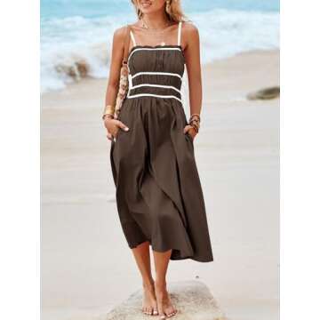 Wenrine Women Summer Spaghetti Strap Dress Sleeveless Tie Smocked Sundress A Line Vacation Beach Mid...