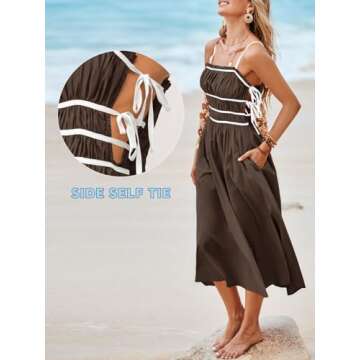 Wenrine Women Summer Spaghetti Strap Dress Sleeveless Tie Smocked Sundress A Line Vacation Beach Midi Dresses Brown