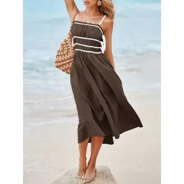 Wenrine Women Summer Spaghetti Strap Dress Sleeveless Tie Smocked Sundress A Line Vacation Beach Midi Dresses Brown