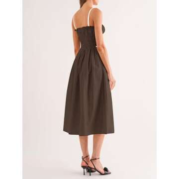 Wenrine Women Summer Spaghetti Strap Dress Sleeveless Tie Smocked Sundress A Line Vacation Beach Midi Dresses Brown