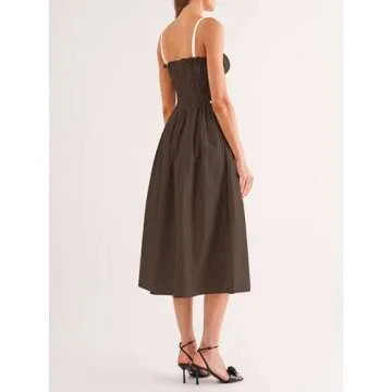 Wenrine Women Summer Spaghetti Strap Dress Sleeveless Tie Smocked Sundress A Line Vacation Beach Midi Dresses Brown