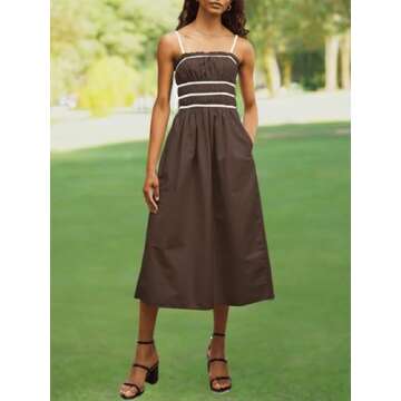 Wenrine Women Summer Spaghetti Strap Dress Sleeveless Tie Smocked Sundress A Line Vacation Beach Midi Dresses Brown