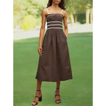 Wenrine Women Summer Spaghetti Strap Dress Sleeveless Tie Smocked Sundress A Line Vacation Beach Midi Dresses Brown