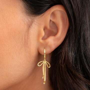 Gold Bow Ribbon Hoop Earrings - Long Ribbon Drop Dangle Bow Tie Huggie Earrings for Women - Jewelry ...