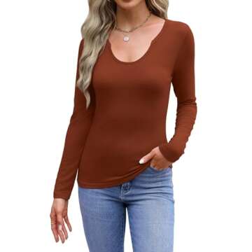WIHOLL Cute Tops for Teen Girls Long Sleeve Scoop Neck Fall Trendy Tops Outfit Fitted Shirts Basic Tee Caramel S