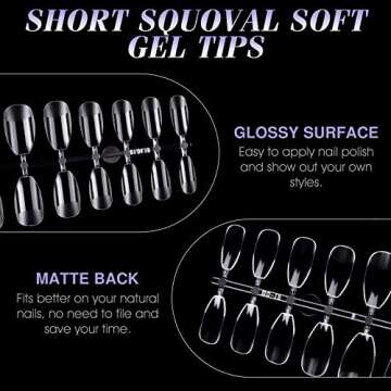 Gelike EC False Nail Tip Kit, Soft Gel Full Cover Nails Coffin Squoval for Soak Off Nail Extensions, Clear Gelly Tips Pre-buff PMMA False Press on Nail Tips, 12 Sizes, SHORT COFFIN SQUOVAL 240PCS