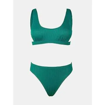 CUPSHE Women Swimsuit Bikini Set Two Piece Ribbed Textured Side Cutout Tank Top Mid Rise Bathing Suit, XS