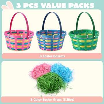 JOYIN Easter Basket 3 Pcs Woven Goodie Gift Basket with Handle and Grass for Easter Egg Hunt Filling...