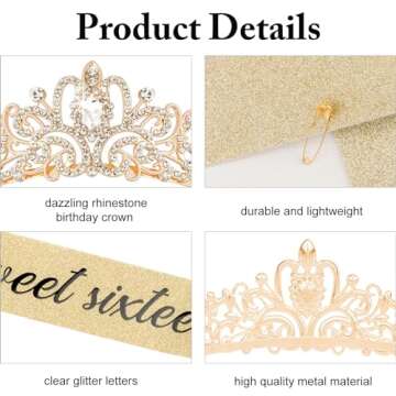 KICOSY Sweet 16 Birthday Crown and Sash for Girls, Sweet 16th Sashes and Birthday Tiara Set, Sweet 16th Party Decorations Birthday Accessories for Women, Sweet 16 Gifts for Girls