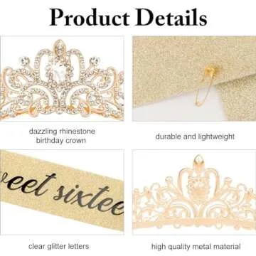 KICOSY Sweet 16 Crown and Sash Set for Birthday Girls