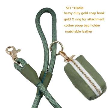 5 FT Nylon Rope Dog Leash with Poop Bag Holder, Heavy Duty Snap Dog Leash, Comfortable Handle Rope Leash for Small Puppy Medium Large Dogs(5FT * 10MM, Sage Green)