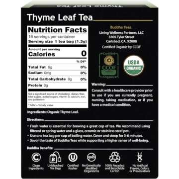 Buddha Teas Organic Thyme Leaf Tea - OU Kosher, USDA Organic, CCOF Organic, 18 Bleach-Free Tea Bags