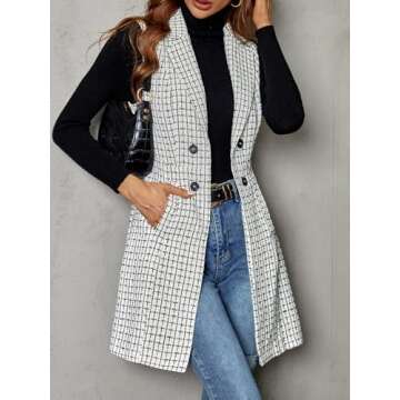 GORGLITTER Women's Plaid Sleeveless Long Vest Cardigan