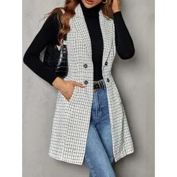 GORGLITTER Women's Plaid Sleeveless Long Vest Cardigan