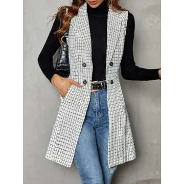 GORGLITTER Women's Plaid Sleeveless Long Vest Cardigan