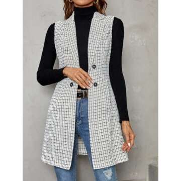 GORGLITTER Women's Plaid Sleeveless Long Vest Cardigan