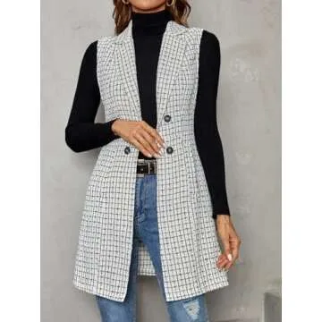 GORGLITTER Women's Plaid Sleeveless Long Vest Cardigan