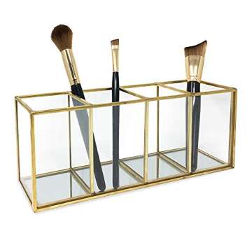 Isaac Jacobs 4-Compartment Organizer- Makeup Brush Holder- Vintage Style Brass and Glass Storage Sol...