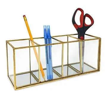 Isaac Jacobs 4-Compartment Organizer- Makeup Brush Holder- Vintage Style Brass and Glass Storage Solution with Mirror Base- Office, Bathroom, Kitchen Supplies and More (Antique Gold)