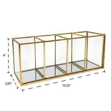 Isaac Jacobs 4-Compartment Organizer- Makeup Brush Holder- Vintage Style Brass and Glass Storage Solution with Mirror Base- Office, Bathroom, Kitchen Supplies and More (Antique Gold)