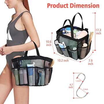 F-color Mesh Shower Caddy Portable, Upgrade Deeper 7 Pockets Basket Bag Tote for College Dorm Room Toiletry Bathroom Essentials Gym Camp Quick Dry 2 handles with S Hook, Black
