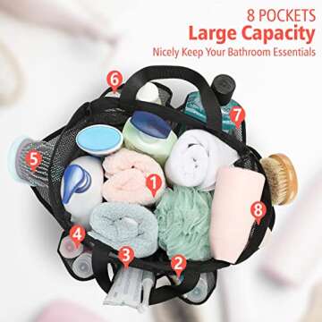 F-color Mesh Shower Caddy Portable, Upgrade Deeper 7 Pockets Basket Bag Tote for College Dorm Room Toiletry Bathroom Essentials Gym Camp Quick Dry 2 handles with S Hook, Black