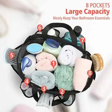 F-color Mesh Shower Caddy Portable, Upgrade Deeper 7 Pockets Basket Bag Tote for College Dorm Room Toiletry Bathroom Essentials Gym Camp Quick Dry 2 handles with S Hook, Black