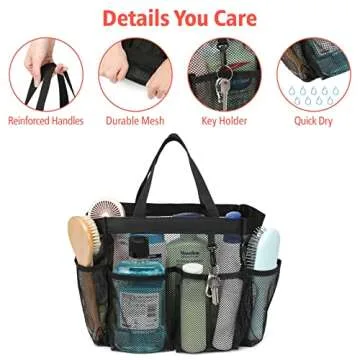 F-color Mesh Shower Caddy Portable, Upgrade Deeper 7 Pockets Basket Bag Tote for College Dorm Room Toiletry Bathroom Essentials Gym Camp Quick Dry 2 handles with S Hook, Black