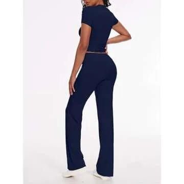 AnotherChill Women's 2 Piece Lounge Sets Straight Leg Pants Set Short Sleeve Crop T-shirt Casual Outfits Comfy Loungewear (Navy-Blue, Large)