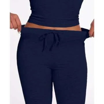 AnotherChill Women's 2 Piece Lounge Sets Straight Leg Pants Set Short Sleeve Crop T-shirt Casual Outfits Comfy Loungewear (Navy-Blue, Large)