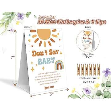 Don't Say Baby Clothespin Game, 1 Sign and 50 Mini Clothespins, Here Comes the Sun Baby Shower Decor...