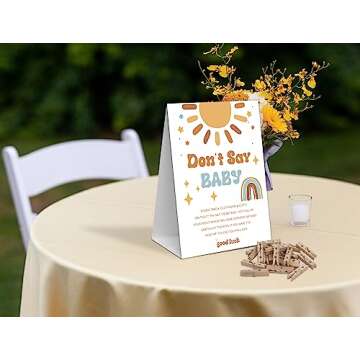 Don't Say Baby Clothespin Game, 1 Sign and 50 Mini Clothespins, Here Comes the Sun Baby Shower Decorations, Baby Shower Games, Gender Reveal Games, Gender Neutral Baby Shower Supplies-A1
