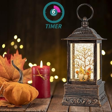 Glittering Fall Gnome Snow Globe Lantern with Timer