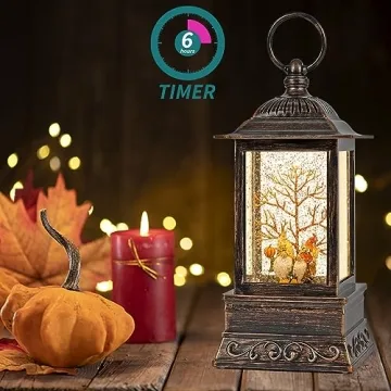 Glittering Fall Gnome Snow Globe Lantern with Timer
