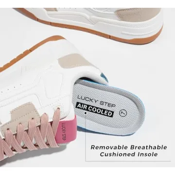 LUCKY STEP Women's Lace Up Fashion Casual Sneakers Low Top Walking Shoes Platform Comfort Non Slip Tennis Shoes(9 M US White Beige Green)