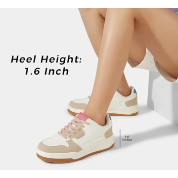 LUCKY STEP Women's Lace Up Fashion Casual Sneakers Low Top Walking Shoes Platform Comfort Non Slip Tennis Shoes(9 M US White Beige Green)