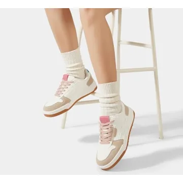 LUCKY STEP Women's Lace Up Fashion Casual Sneakers Low Top Walking Shoes Platform Comfort Non Slip Tennis Shoes(9 M US White Beige Green)