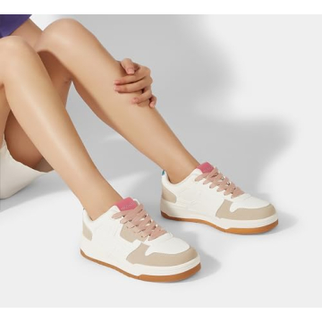 LUCKY STEP Women's Lace Up Fashion Casual Sneakers Low Top Walking Shoes Platform Comfort Non Slip Tennis Shoes(9 M US White Beige Green)