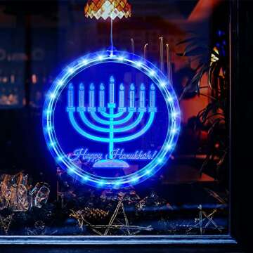 Hiboom Hanukkah Decorations Blue Chanukah Window Lights Battery Operated Chanukah LED Lights for Jews Judaism Synagogue Passover Shabbat Christmas Home Ornament Indoor Outdoor Decor, Menorah Style